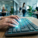 keyboard shortcuts productivity with hands on keyboard and glowing icons